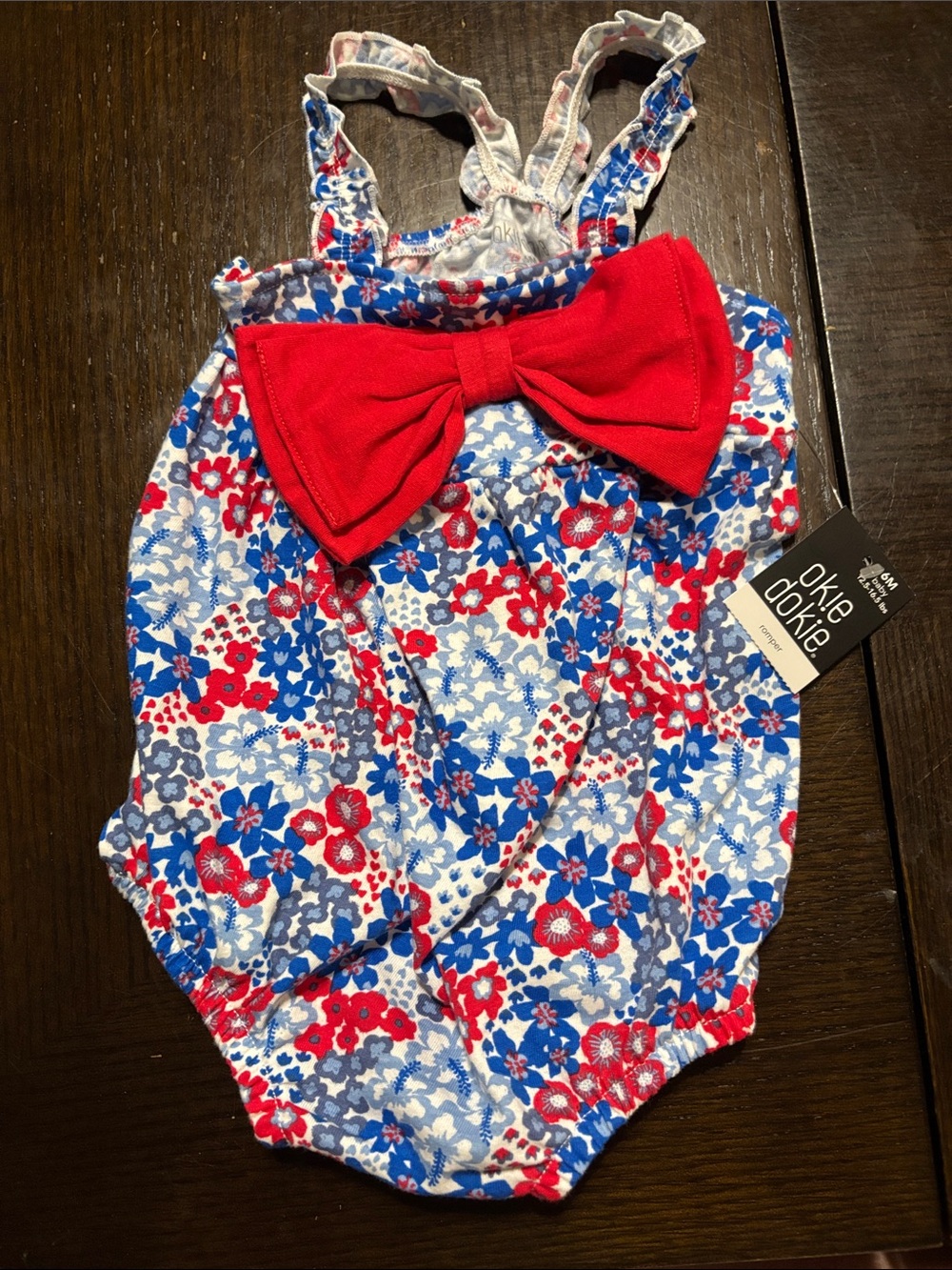 3 for $16! NWT okie dokie Red & Blue Floral Baby Romper with Bow Accent